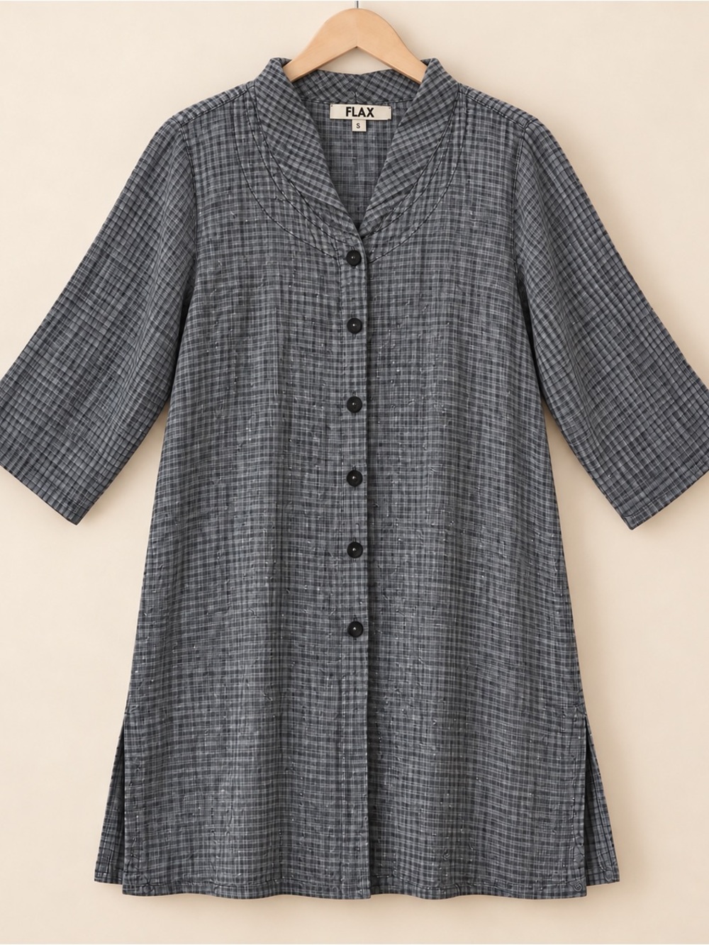 Flax 100% Linen Gray Checked Button-Front Tunic/Duster